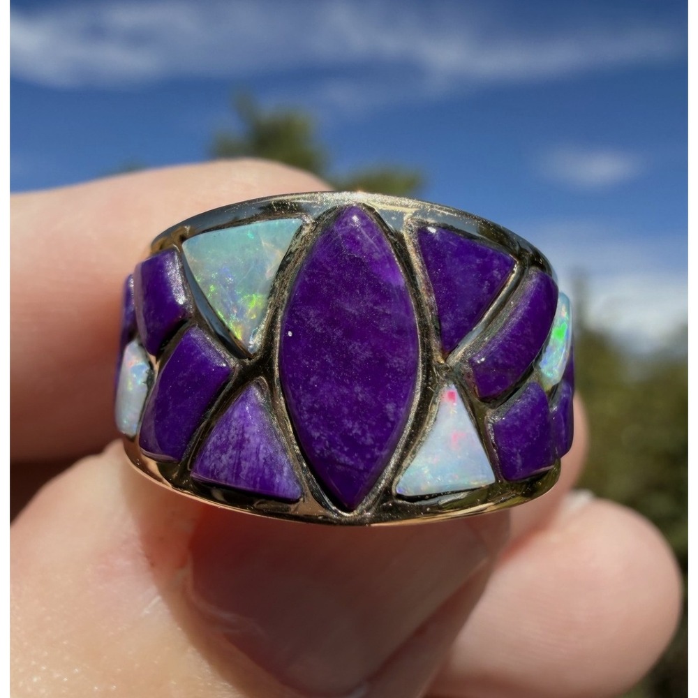 14k Solid Yellow Gold Natural Sugilite Opal Mosaic Inlay Ring - Size 6.5 6.39g